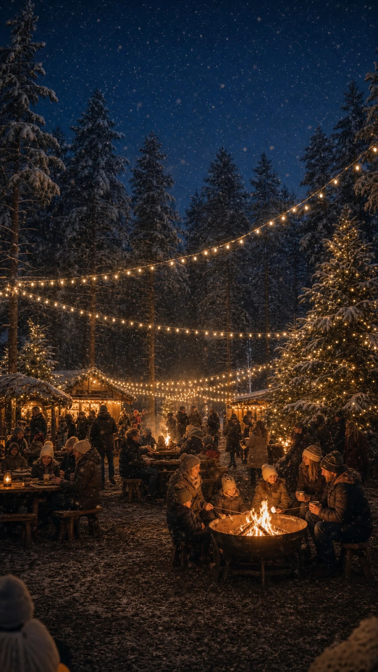 The Forest Feast food village glowing beneath woodland lights