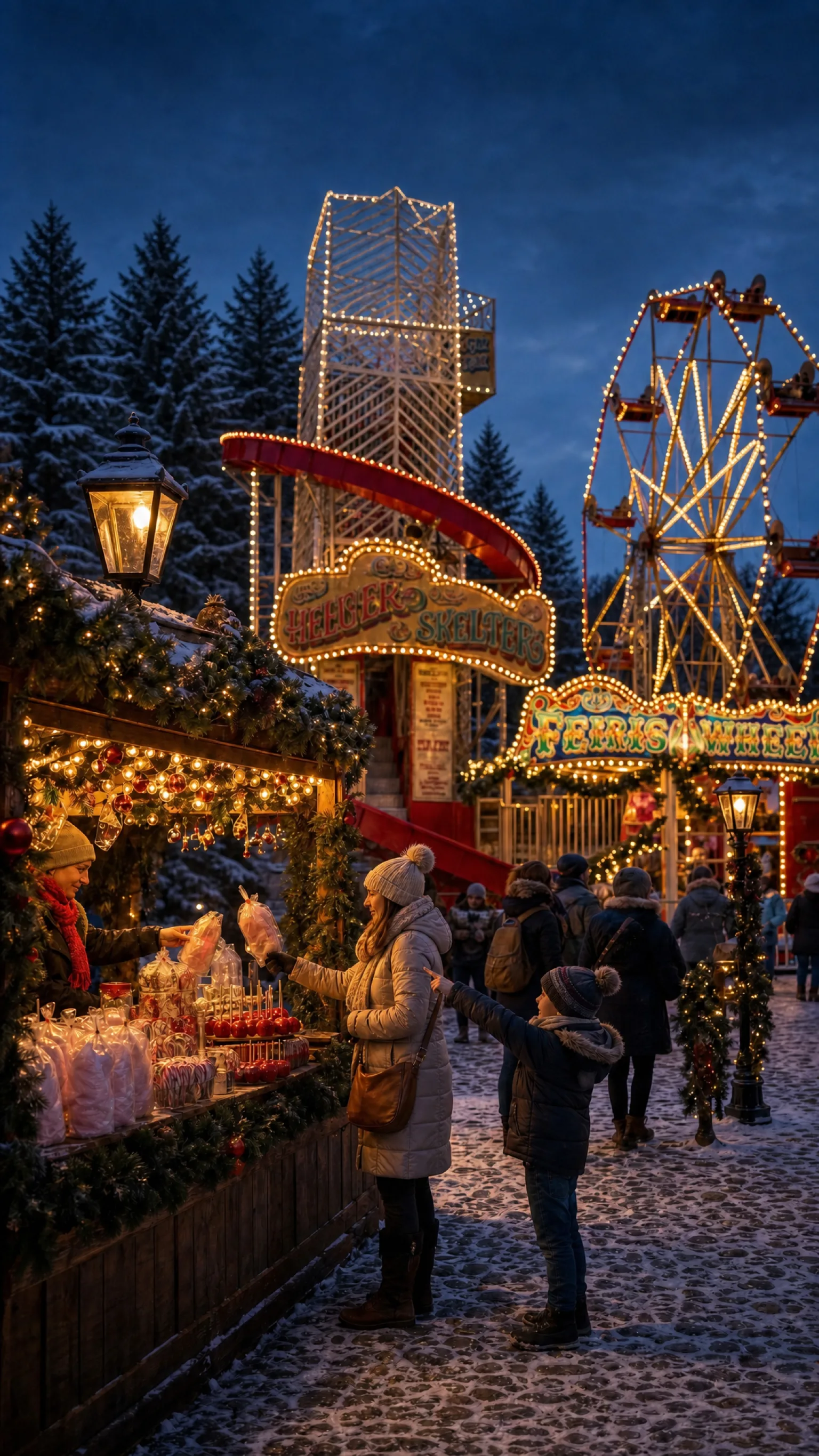 A traditional Christmas funfair sweet stall with rides beyond