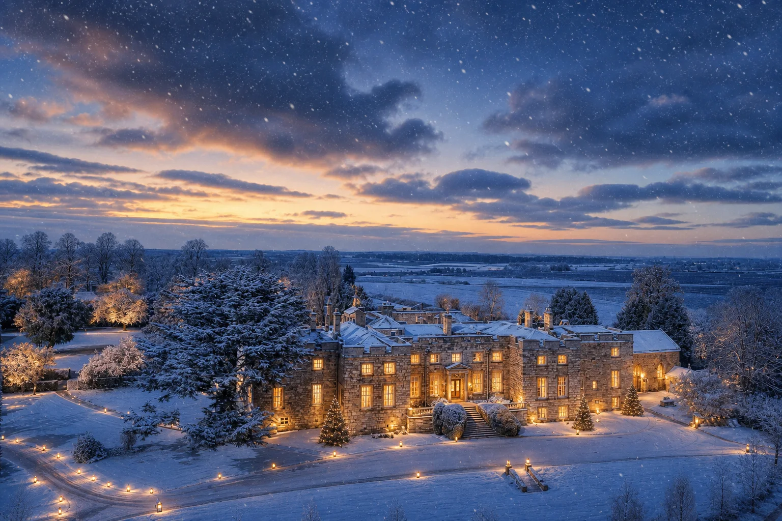 Hazlewood Castle in the snow at Christmas twilight