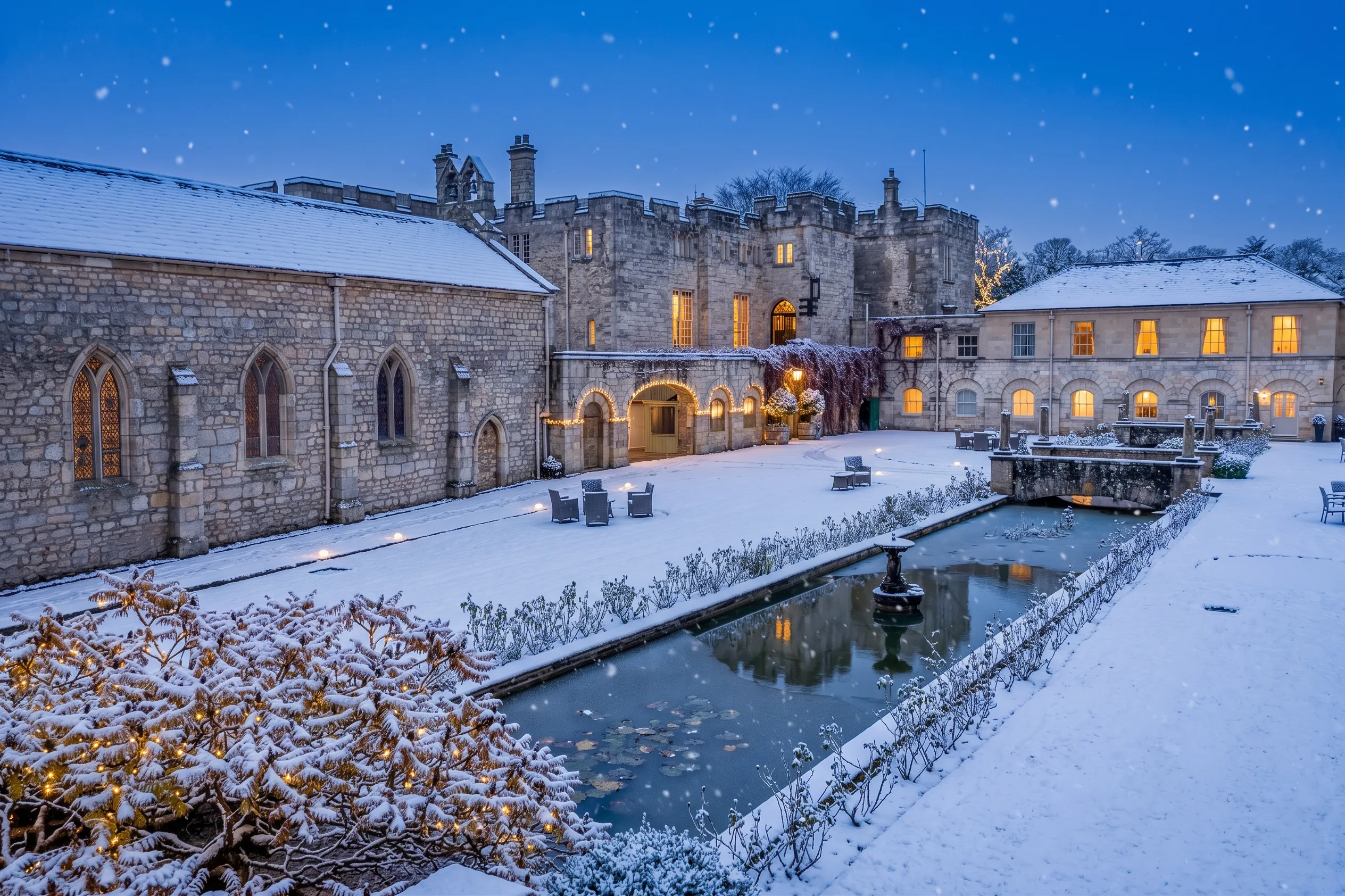 Hazlewood courtyard garden covered in snow with festive lights