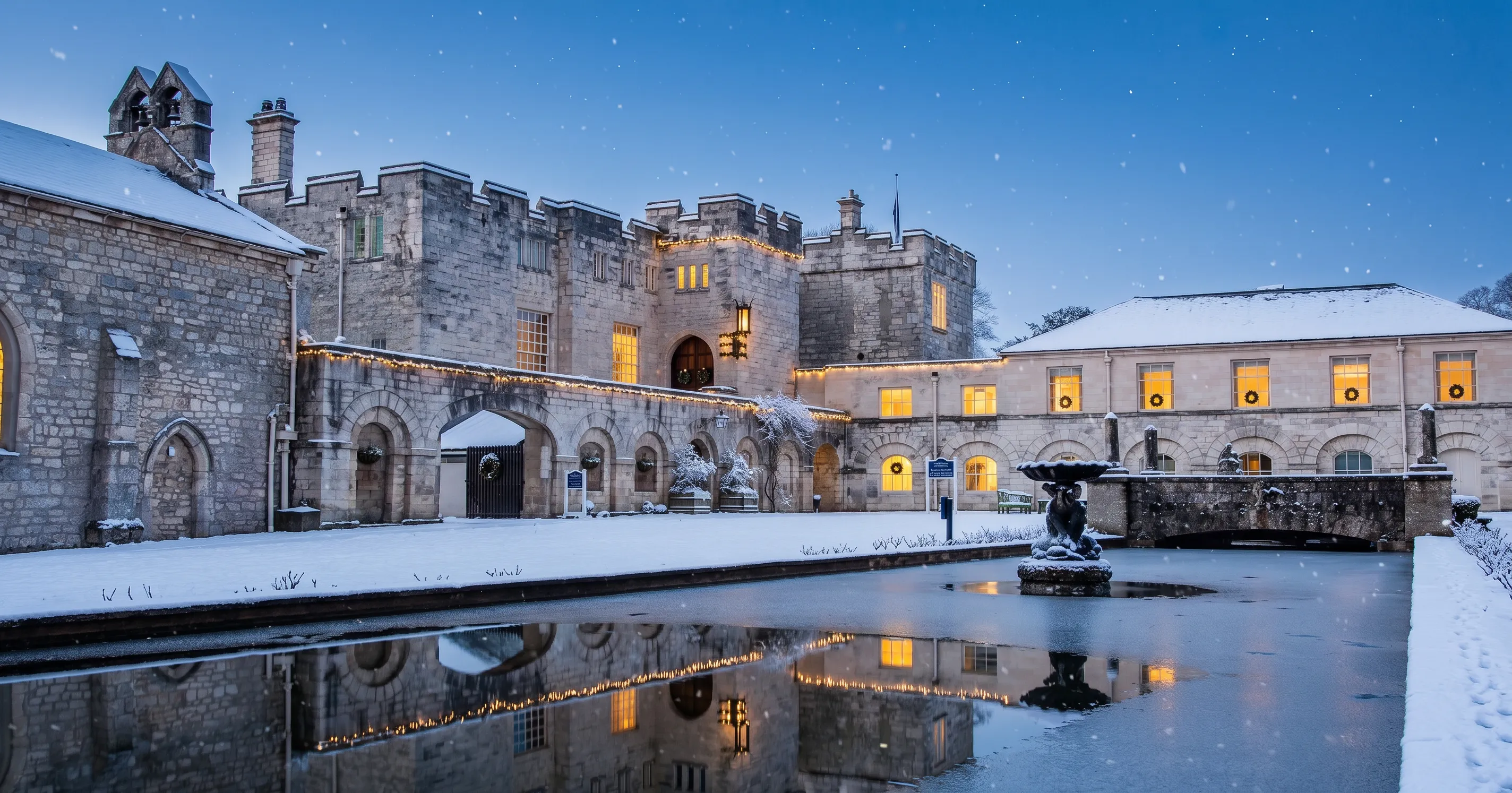 Hazlewood courtyard pool reflecting the castle on a snowy winter evening
