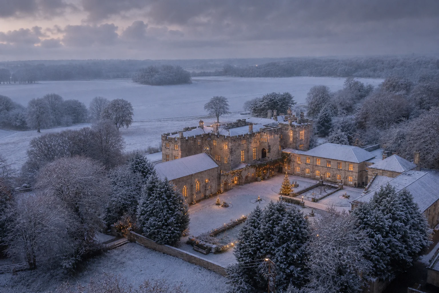 An aerial view of Hazlewood Castle and its snowy courtyard at twilight