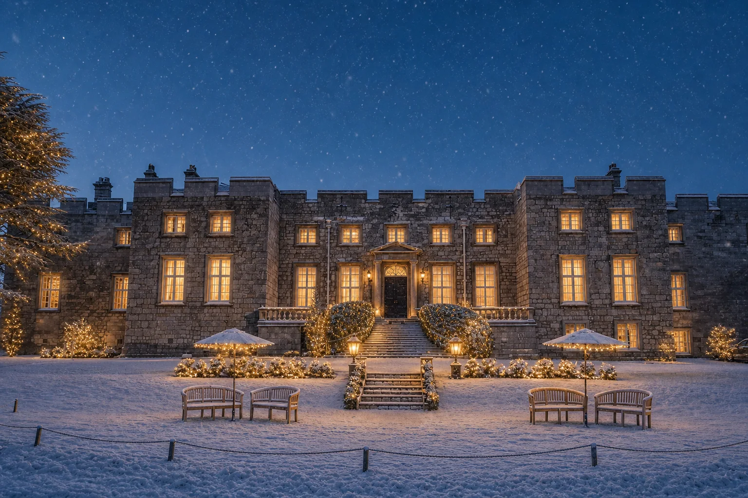 The front of Hazlewood Castle glowing on a snowy evening