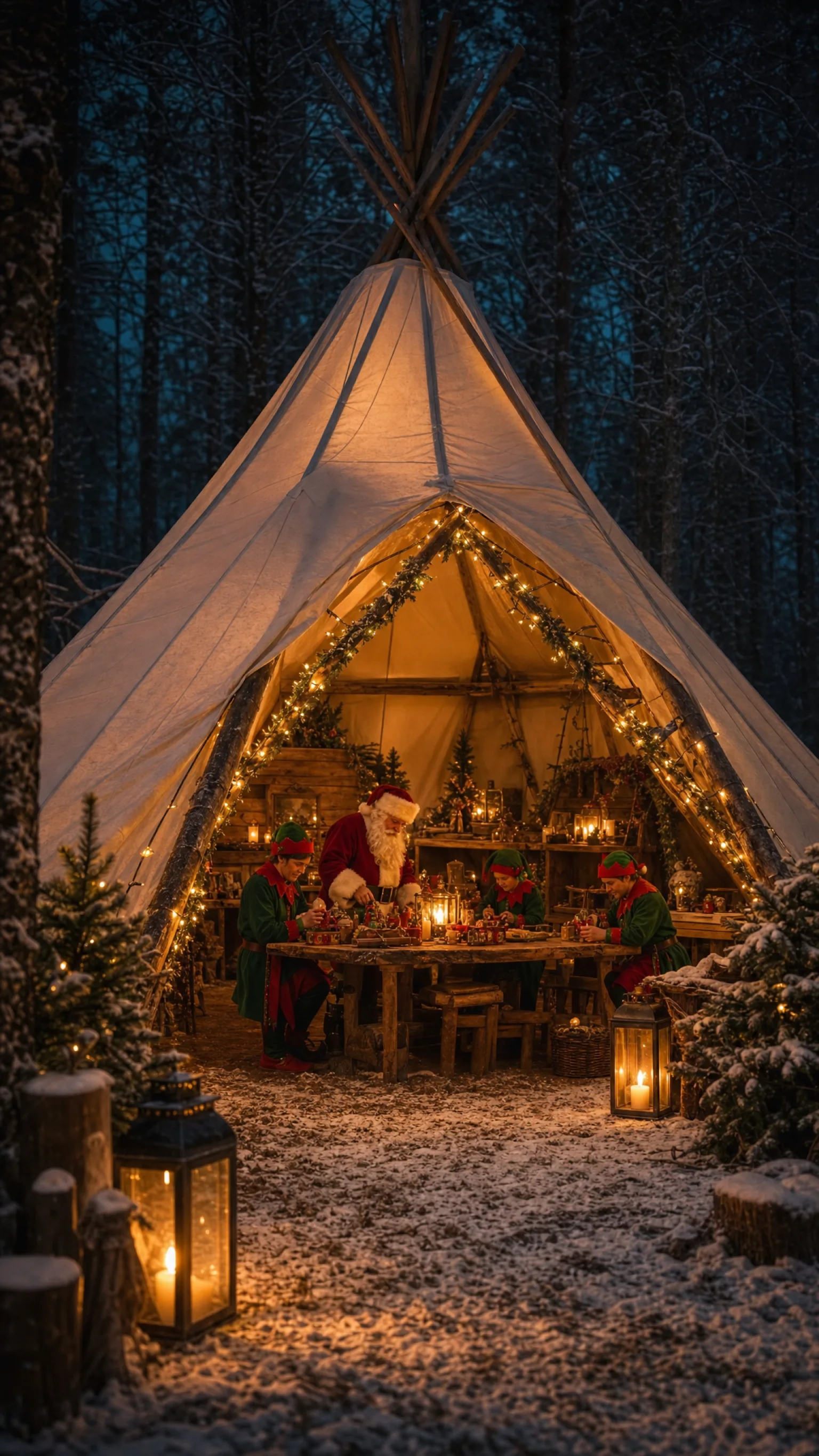 Santa and his elves in the Woodland Grotto