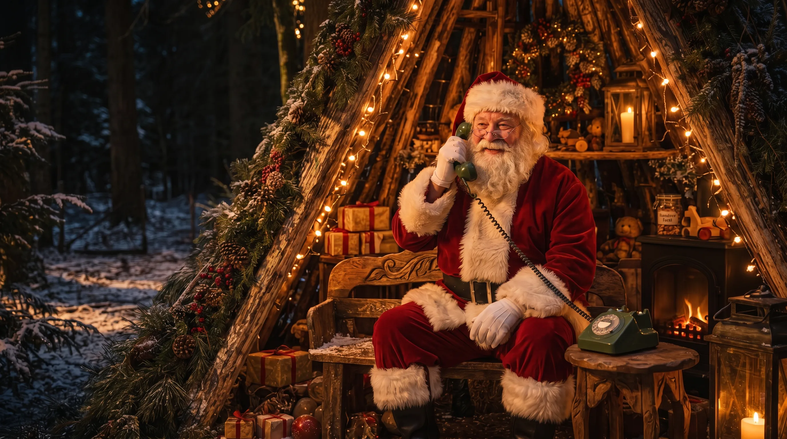 Santa speaking on a traditional telephone inside his woodland grotto
