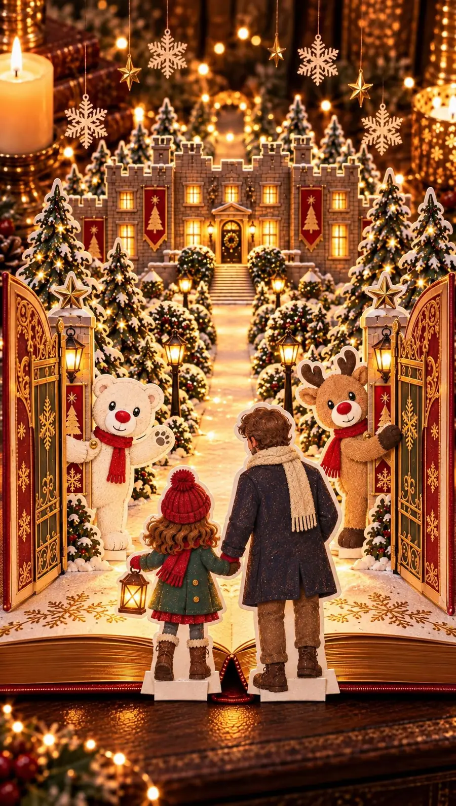 Benny and Renny at the gates of Christmas Kingdom, in pop-up storybook style